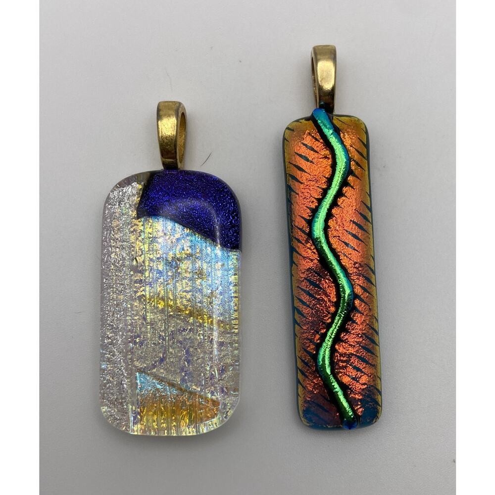 2 Dichroic Glass Pendants Orange Green Blues Craft Jewelry Making